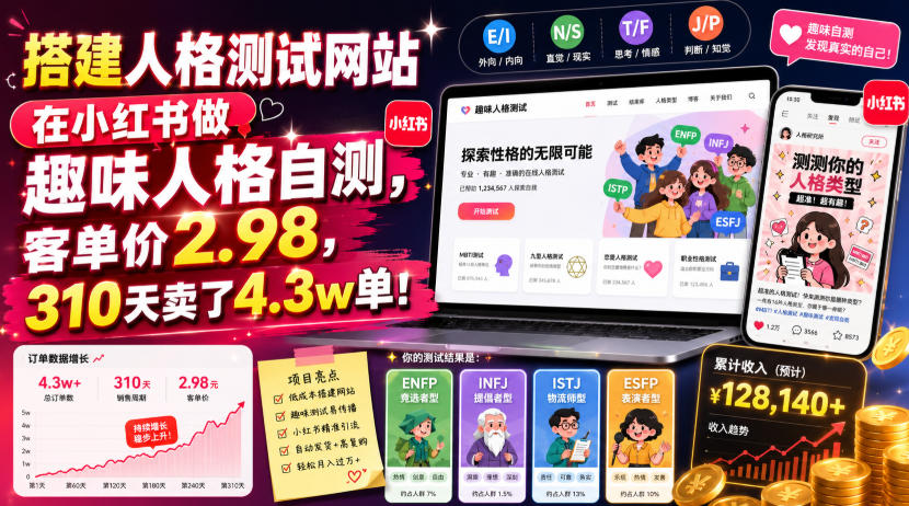 搭建人格测试网站在小红书做趣味人格自测,客单价2.98,310天卖了4.3w单!-创学资源站