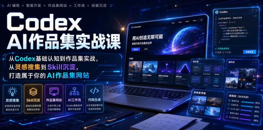 Codex AI作品集实战课,从Codex基础认知到作品集实战,从灵感搜集到Skill沉淀,打造属于你的AI作品集网站-创学资源站