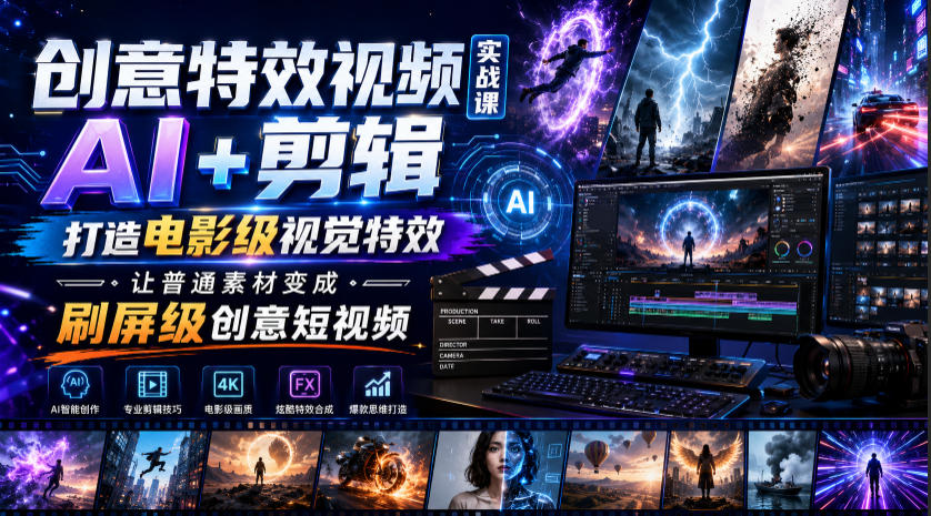 创意特效视频实战课，AI+剪辑打造电影级视觉特效，让普通素材变成刷屏级创意短视频-创学资源站