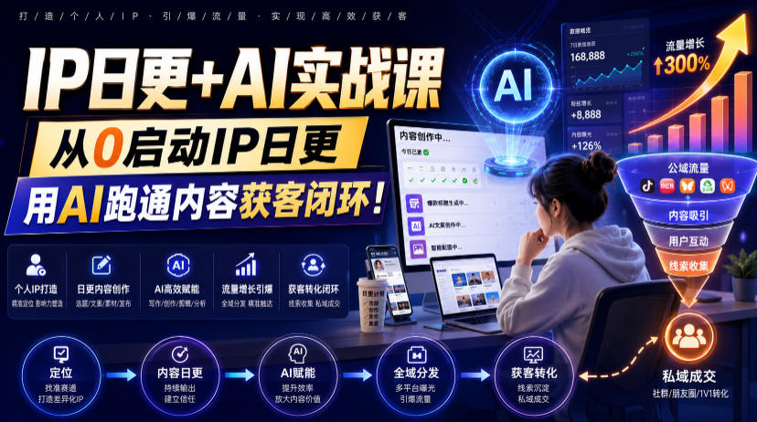 IP日更+AI实战课,从0启动IP日更,IP置顶视频制作+100条选题库搭建+10条日更规划,用AI跑通内容获客闭环!-创学资源站