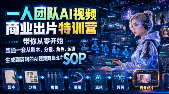 一人团队AI视频商业出片实战课：带你从零开始跑通一套从剧本、分镜、角色、运镜、生成到剪辑的AI视频商业出片SOP-创学资源站