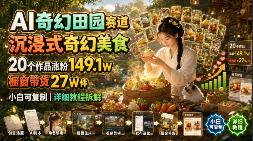 AI奇幻田园赛道,沉浸式奇幻美食,20个作品涨粉149.1W,橱窗带货27W件,小白可复制,详细教程拆解-创学资源站