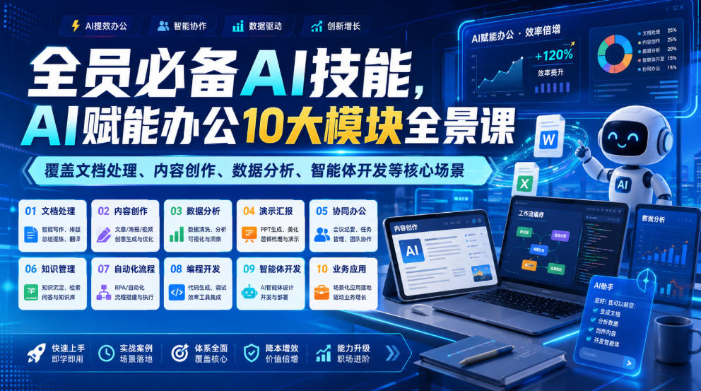 全员必备AI技能,AI赋能办公10大模块全景课,覆盖文档处理、内容创作、数据分析、智能体开发等核心场景-创学资源站