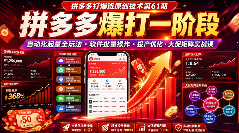 拼多多打爆班原创技术第61期,拼多多爆打一阶段,自动化起量全玩法・软件批量操作・投产优化・大促矩阵实战课-创学资源站