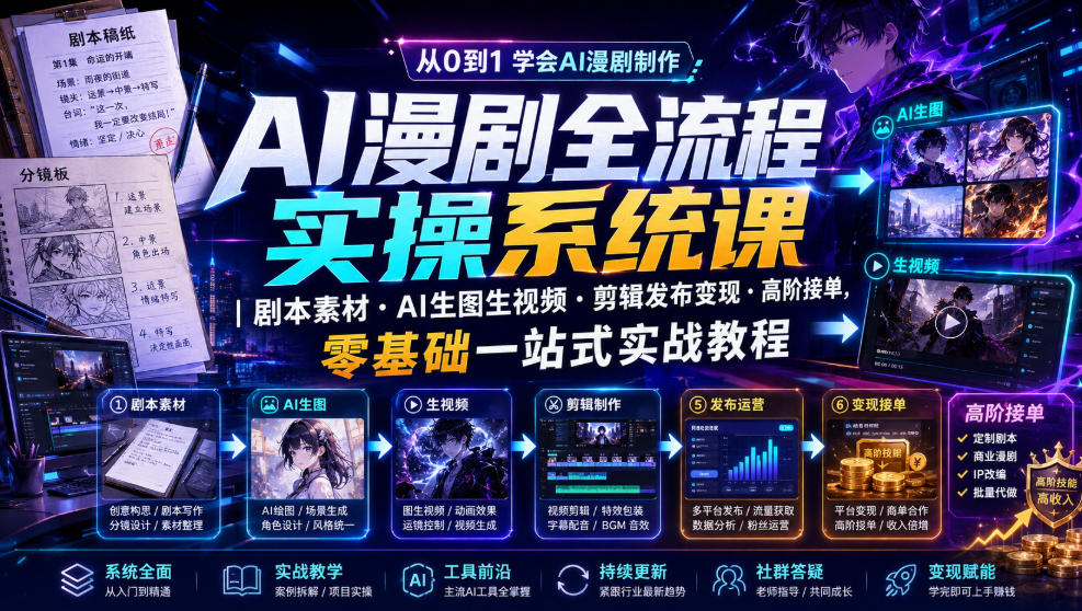 AI漫剧全流程实操系统课|剧本素材・AI生图生视频・剪辑发布变现・高阶接单,零基础一站式实战教程-创学资源站