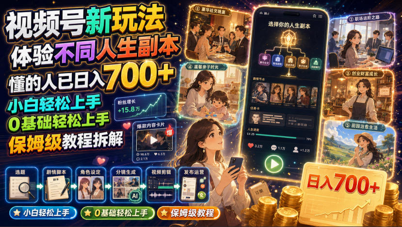 视频号新玩法体验不同人生副本,懂的人已日入700+,小白轻松上手,0基础轻松上手,保姆级教程拆解-创学资源站