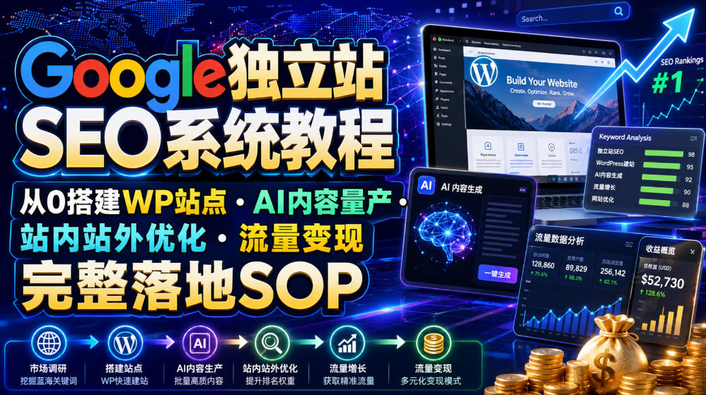 Google独立站SEO系统教程,从0搭建WP站点・AI内容量产・站内站外优化・流量变现完整落地SOP(2026年7月)-创学资源站