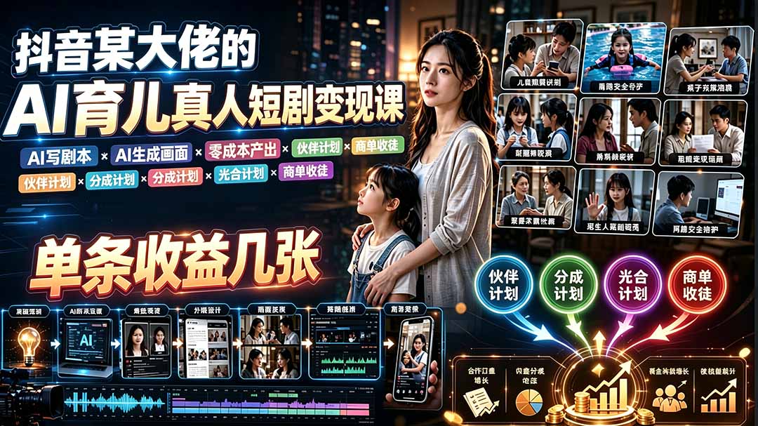 AI育儿真人短剧变现课:AI写剧本×AI生成画面×零成本产出×伙伴计划×分成计划×光合计划×商单收徒-创学资源站