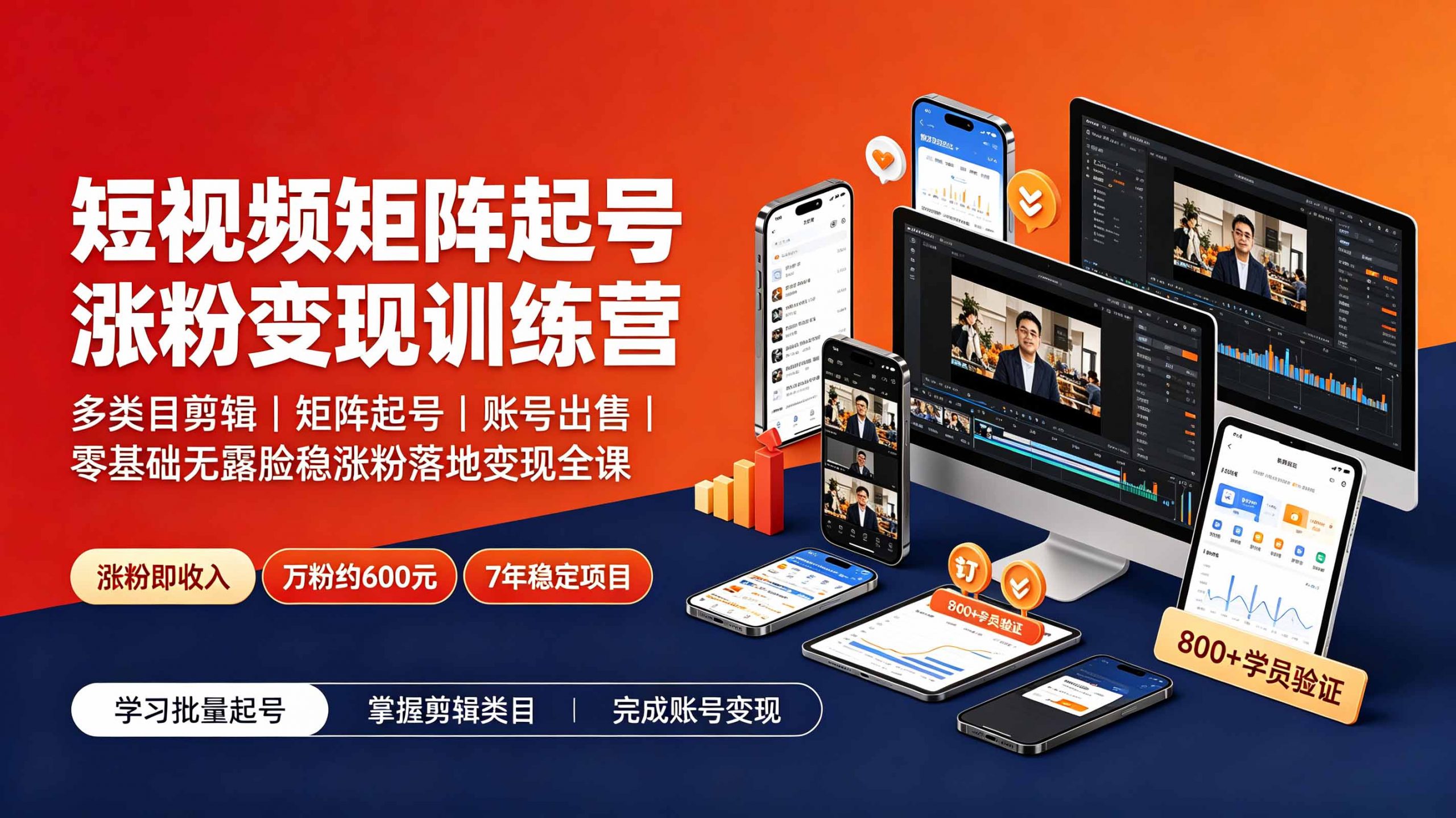 短视频矩阵起号涨粉变现训练营|多类目剪辑·矩阵起号·账号出售,0基础无露脸稳涨粉落地变现全课-更新-创学资源站