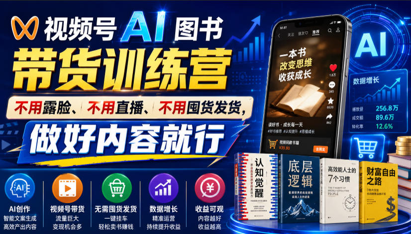 视频号AI图书带货训练营，不用露脸、不用直播、不用囤货发货，做好内容就行，一条爆款视频佣金8942-创学资源站