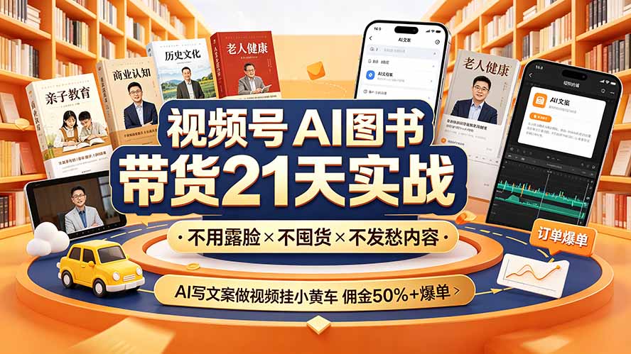 视频号AI图书带货21天实战：不用露脸×不囤货×不发愁内容，AI写文案做视频挂小黄车，佣金50%+爆单-创学资源站