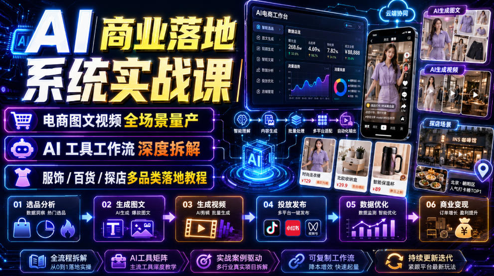 AI商业落地系统实战课｜电商图文视频全场景量产・AI工具工作流深度拆解・服饰/百货/探店多品类落地教程-创学资源站