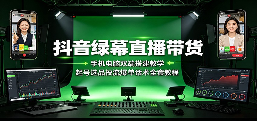 抖音绿幕直播带货：手机电脑双端搭建教学，起号选品投流爆单话术全套教程-创学资源站