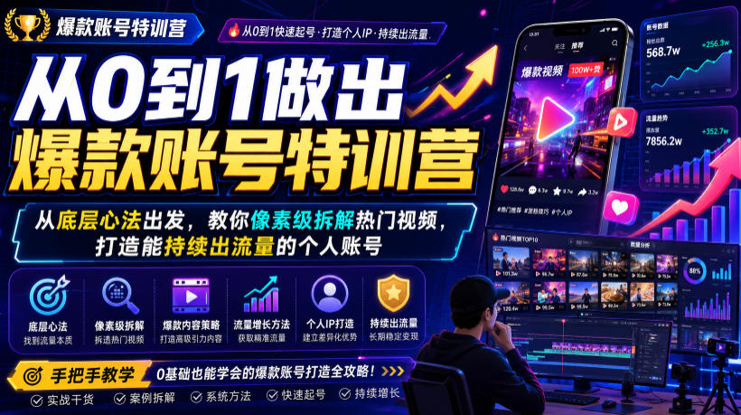 从0到1做出爆款账号特训营，从底层心法出发，教你像素级拆解热门视频，打造能持续出流量的个人账号-创学资源站