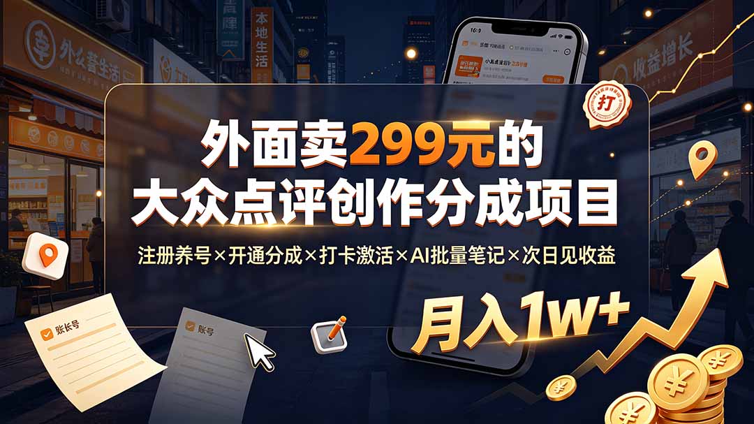 外面卖299元的大众点评创作分成项目:注册养号×开通分成×打卡激活×AI批量笔记×次日见收益,月入1w+-创学资源站