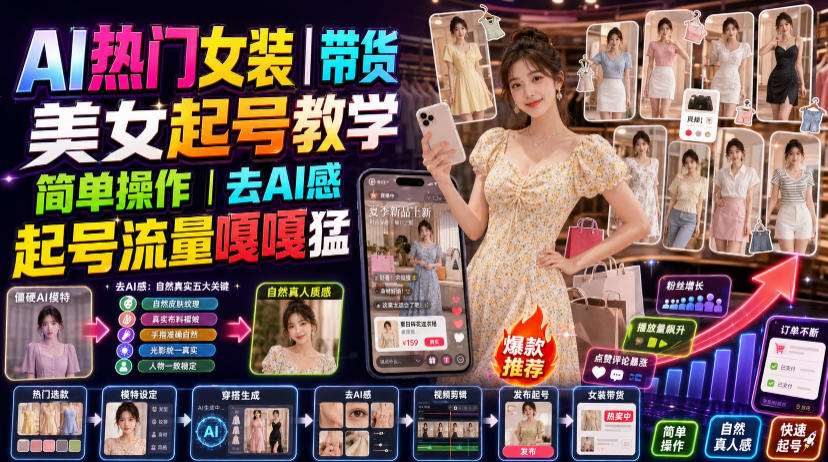 AI热门女装带货丨美女起号教学，简单操作，去AI感，起号流量嘎嘎猛-创学资源站