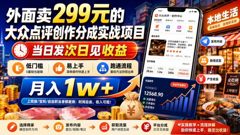 外面卖299元的大众点评创作分成实战项目，当日发次日见收益，低门槛易上手，跑通流程月入1w+-创学资源站