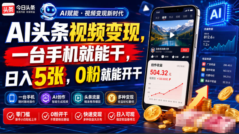 AI头条视频变现,一台手机就能干,日入5张,0粉就能开干-创学资源站