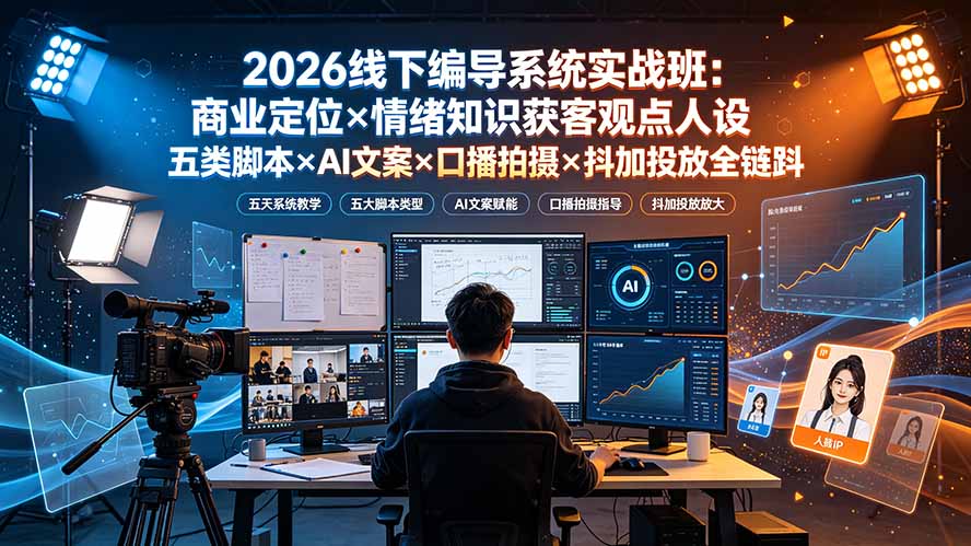 2026线下编导系统实战班：商业定位×情绪知识获客观点人设五类脚本×AI文案×口播拍摄×抖加投放全链路-创学资源站