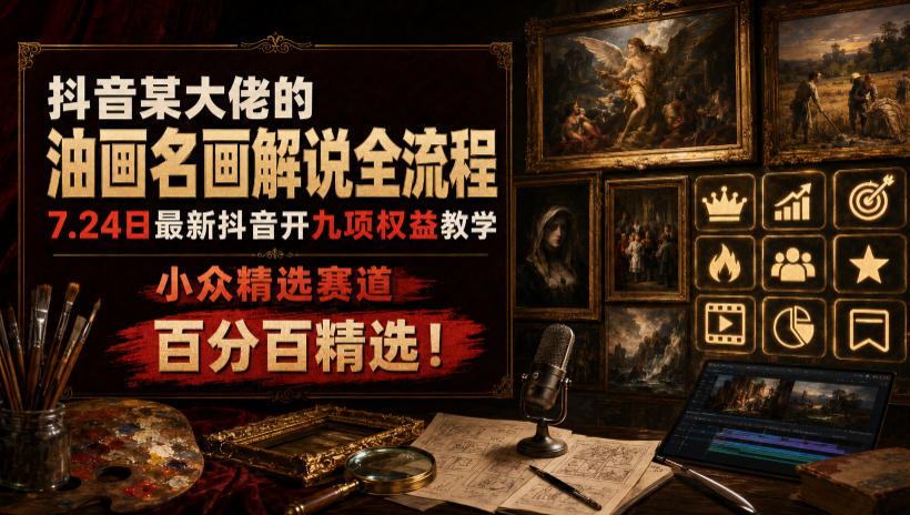 抖音某大佬的油画名画解说全流程，7.24日最新抖音开九项权益教学，小众精选赛道，百分百精选！-创学资源站
