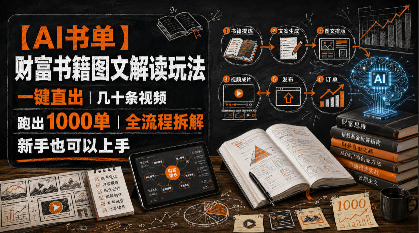 【AI书单】财富书籍图文解读玩法，一键直出，几十条视频，跑出1000单，全流程拆解，新手也可以上手-创学资源站