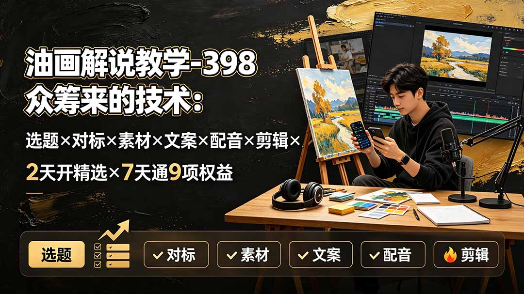 油画解说教学-398众筹来的技术：选题×对标×素材×文案×配音×剪辑×2天开精选×7天通9项权益-创学资源站