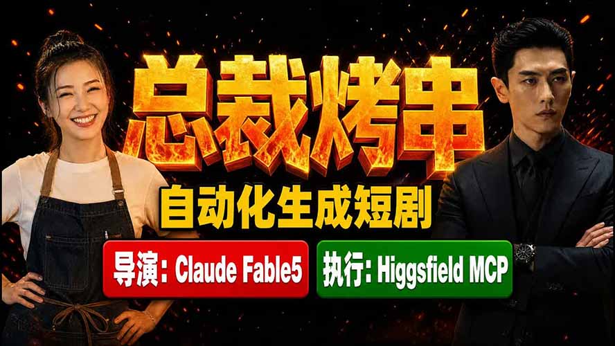 《总裁烤串》真人短剧全自动诞生！Claude Fable5 当导演，Higgsfield MCP 执行！-创学资源站