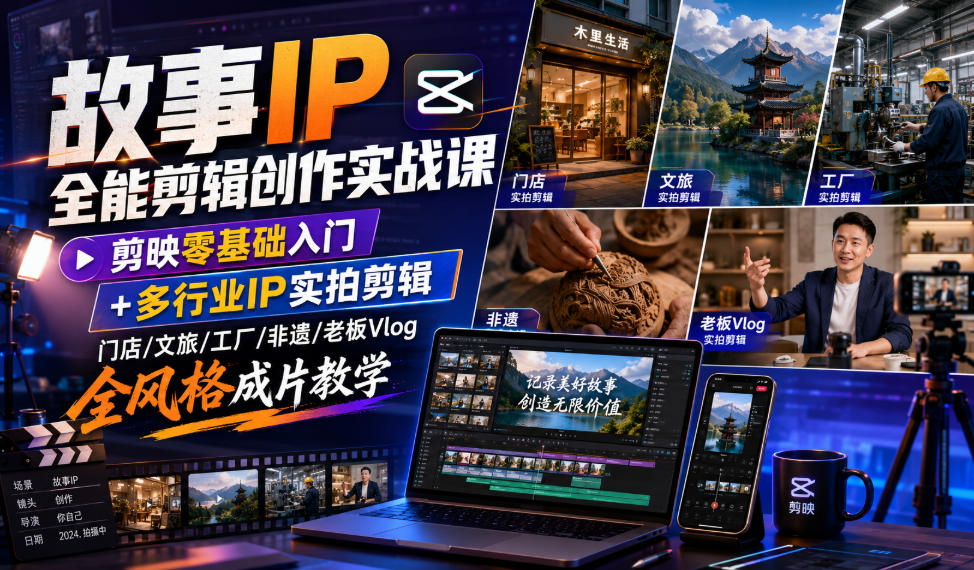 故事IP全能剪辑创作实战课｜剪映零基础入门+多行业IP实拍剪辑，门店/文旅/工厂/非遗/老板Vlog全风格成片教学-创学资源站
