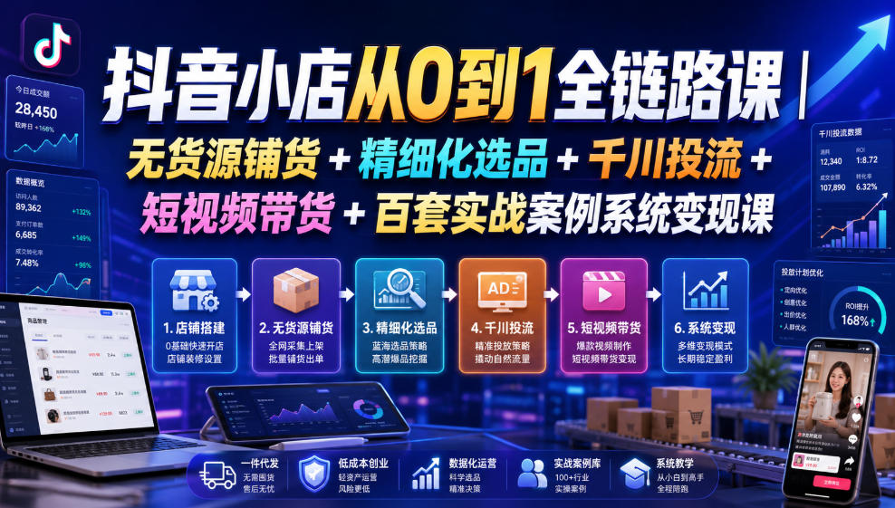 抖音小店从0到1全链路课｜无货源铺货+精细化选品+千川投流+短视频带货+百套实战案例系统变现课(2026年7月更新)-创学资源站