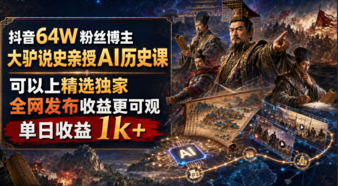 抖音64W粉丝博主大驴说史亲授AI历史课，可以上精选独家，全网发布收益更可观，单日收益1k+-创学资源站
