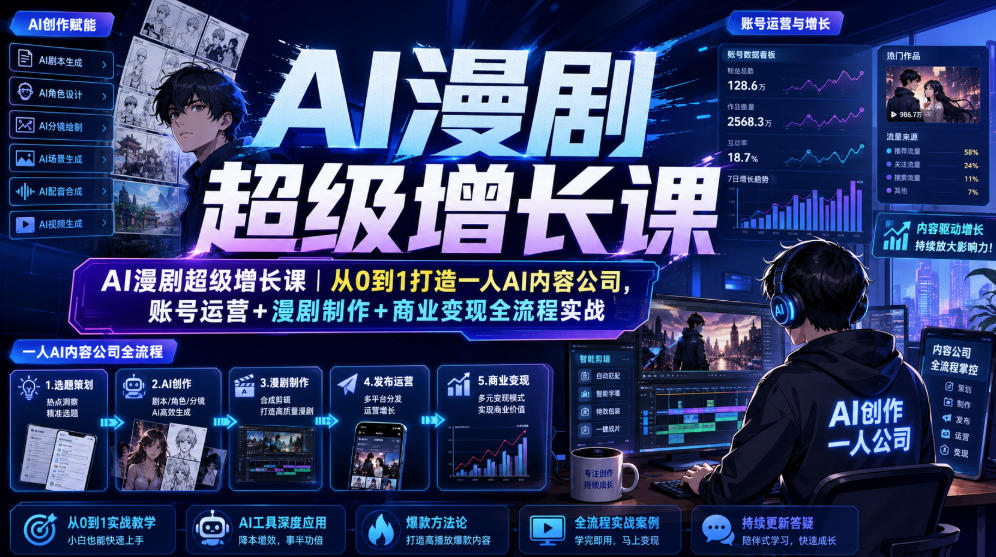AI漫剧超级增长课｜从0到1打造一人AI内容公司，账号运营+漫剧制作+商业变现全流程实战-创学资源站