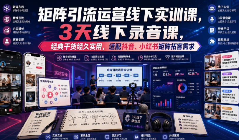 嗨推矩阵引流运营线下实训课，3天线下录音课，经典干货经久实用，适配抖音、小红书矩阵拓客需求-创学资源站