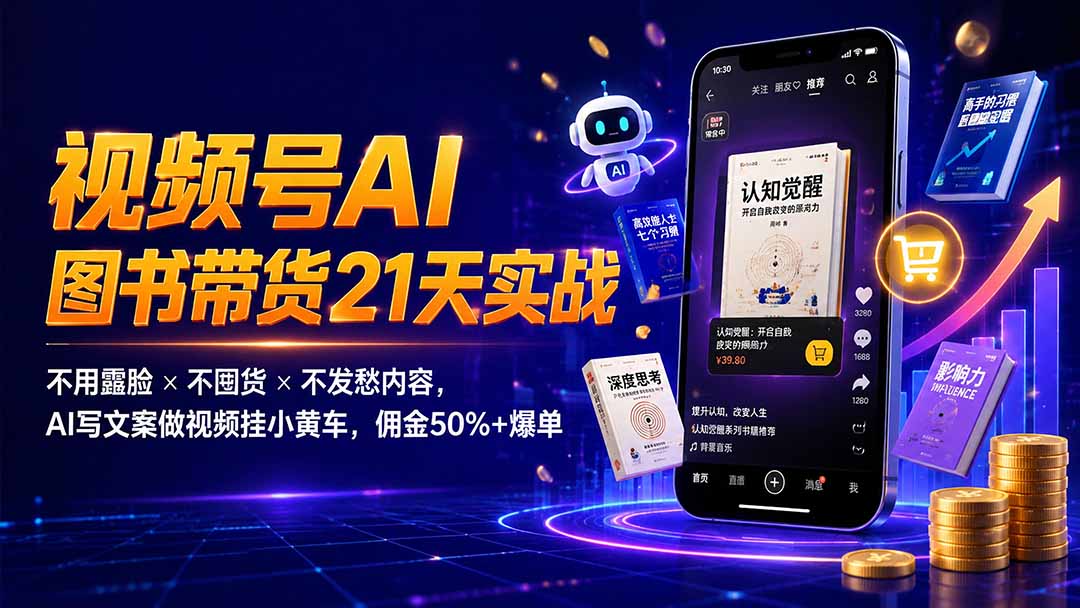 繁花视频号AI图书带货21天实战：不用露脸×不囤货×不发愁内容，AI写文案做视频挂小黄车，佣金50%+爆单-创学资源站