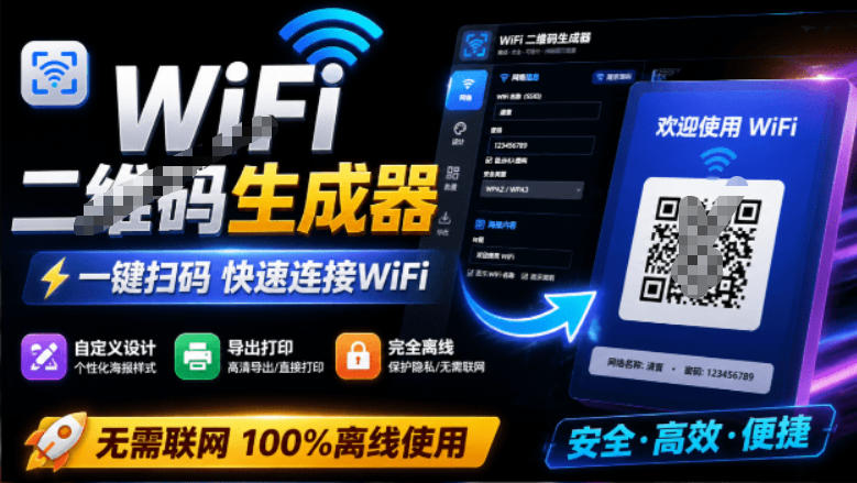 完全离线使用！WiFi二维码生成器，一键扫码快速连接WiFi，支持自定义风格导出WiFi二维码生成器-创学资源站