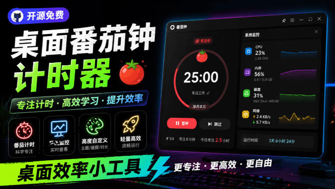 仅1.16MB，开源极简的桌面时钟、番茄钟计时器，还支持系统监控显示，桌面效率小工具Catime-创学资源站