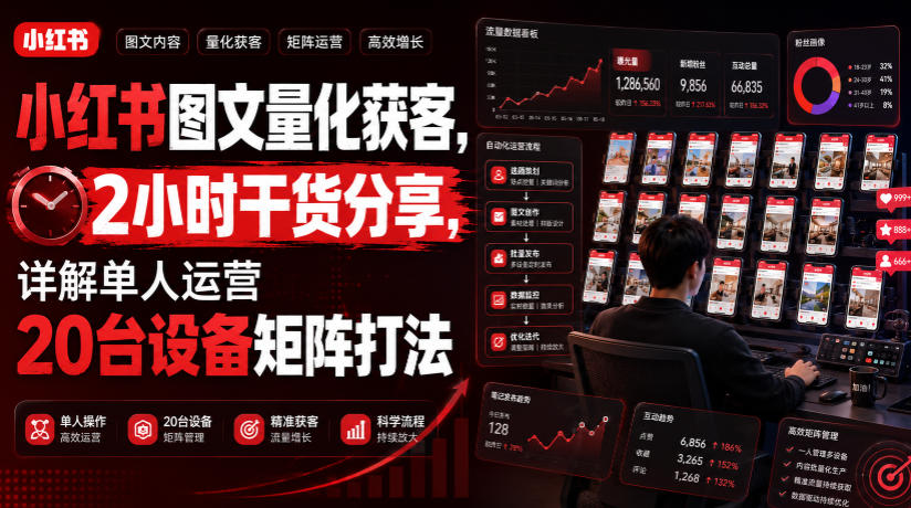 小红书图文量化获客，2小时干货分享，详解单人运营20台设备矩阵打法-创学资源站