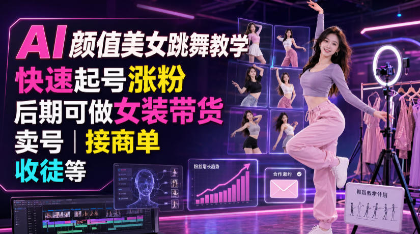 AI颜值美女跳舞教学，快速起号涨粉，后期可做女装带货，卖号，接商单，收徒等-创学资源站