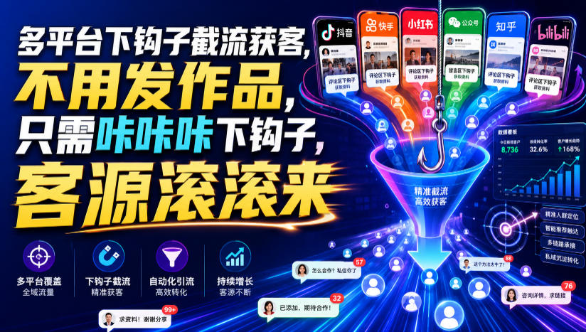 多平台下钩子截流获客，不用发作品，只需咔咔咔下钩子，客源滚滚来-创学资源站