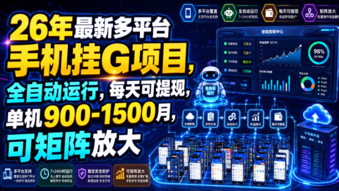 26年最新多平台手机挂G项目，全自动运行，每天可提现，单机900-1500月，可矩阵放大【揭秘】-创学资源站