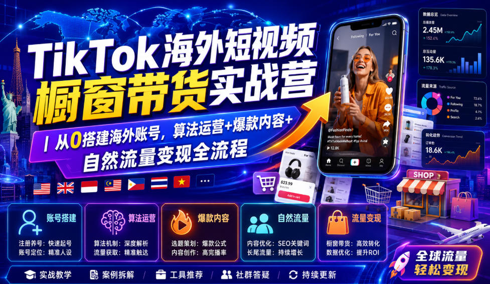 TikTok海外短视频橱窗带货实战营｜从0搭建海外账号，算法运营+爆款内容+自然流量变现全流程-创学资源站