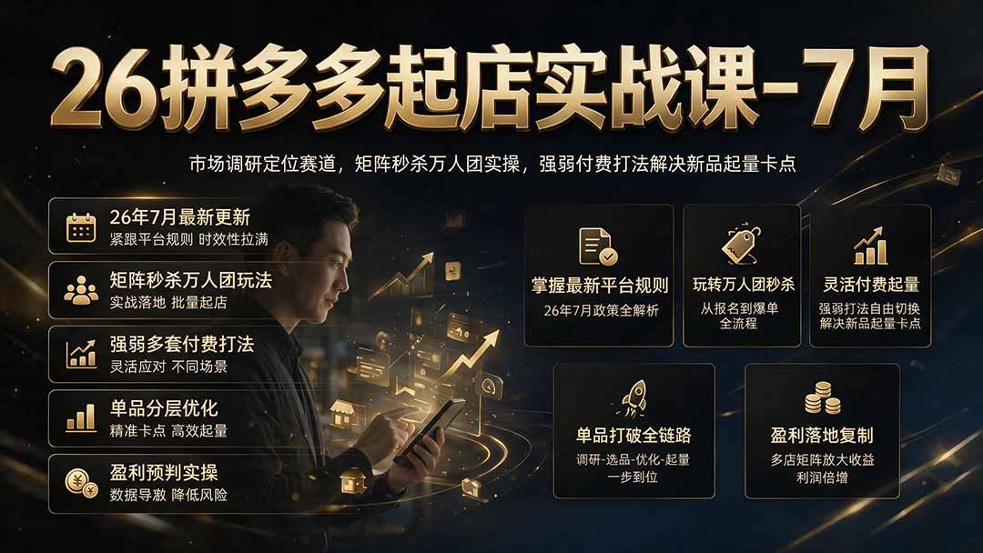 26拼多多起店实战课-7月｜市场调研定位赛道，矩阵秒杀万人团实操，强弱付费打法解决新品起量卡点-创学资源站