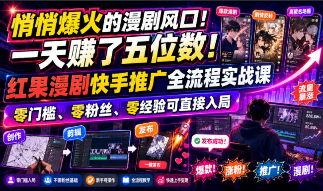 悄悄爆火的漫剧风口！一天賺了五位数！红果漫剧快手推广全流程实战课，零门槛、零粉丝、零经验可直接入局-创学资源站