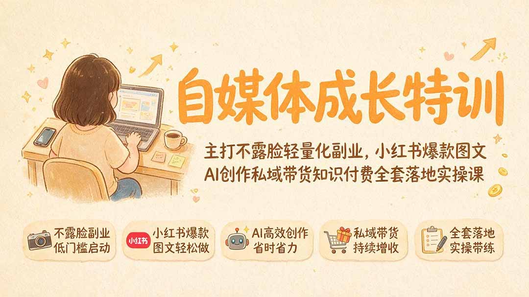 自媒体成长特训｜主打不露脸轻量化副业，小红书爆款图文AI创作私域带货知识付费全套落地实操课-创学资源站