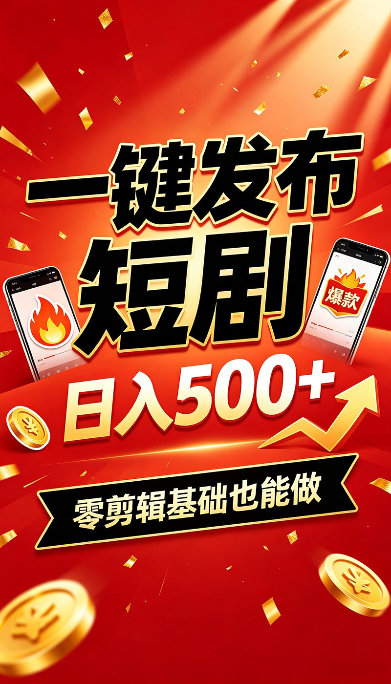 快手短剧一键发布，不用剪辑操作简单，副业日入500+。空闲时间轻松赚收益-创学资源站