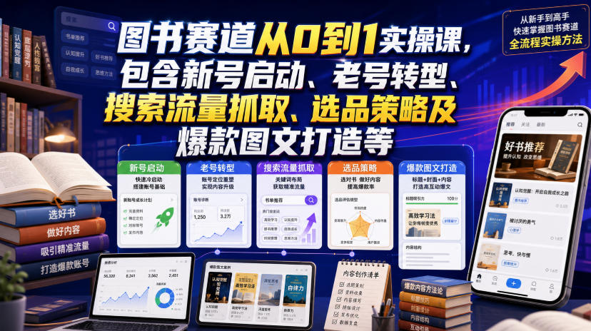 图书赛道从0到1实操课，包含新号启动、老号转型、搜索流量抓取、选品策略及爆款图文打造等-创学资源站