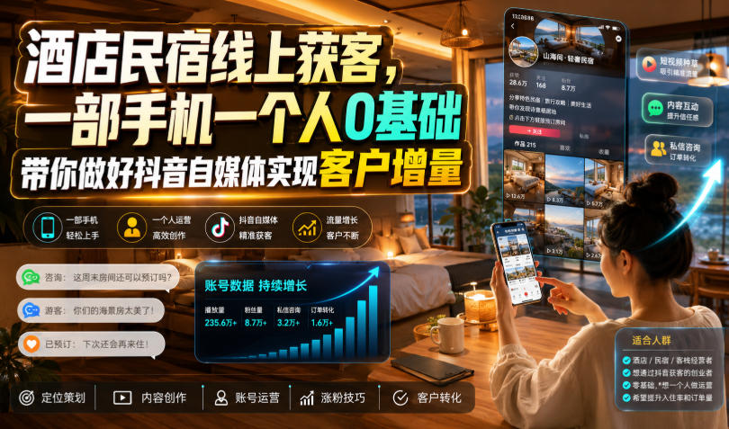 酒店民宿线上获客，一部手机一个人0基础带你做好抖音自媒体实现客户增量-创学资源站