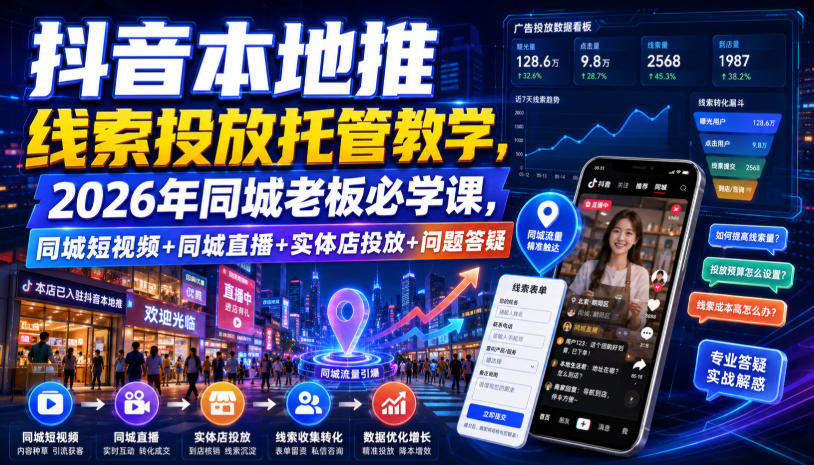 抖音本地推线索投放托管教学，2026年同城老板必学课，同城短视频+同城直播+实体店投放+问题答疑-创学资源站