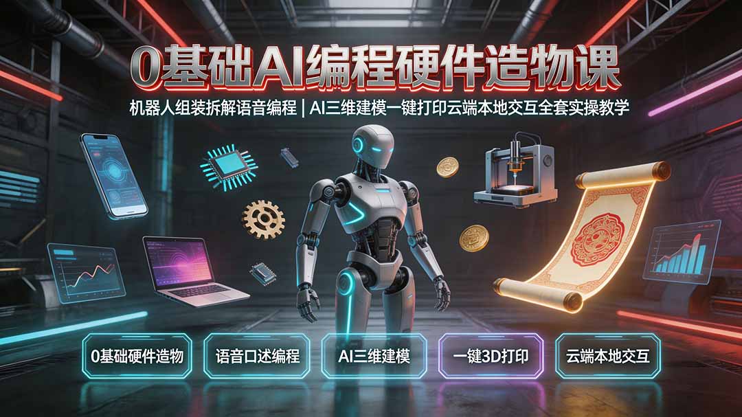 0基础AI编程硬件造物课｜机器人组装拆解语音编程，AI三维建模一键打印云端本地交互全套实操教学-创学资源站