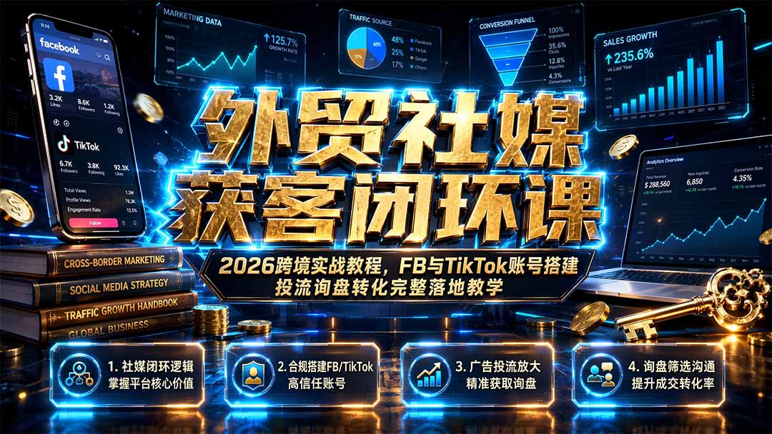 外贸社媒获客闭环课｜2026跨境实战教程，FB与TikTok账号搭建投流询盘转化完整落地教学-创学资源站