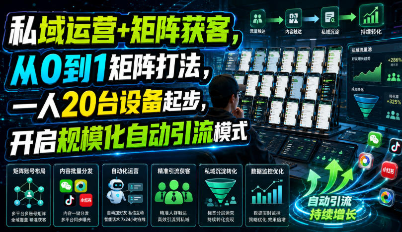 私域运营+矩阵获客,从0到1矩阵打法,一人20台设备起步,开启规模化自动引流模式!-创学资源站